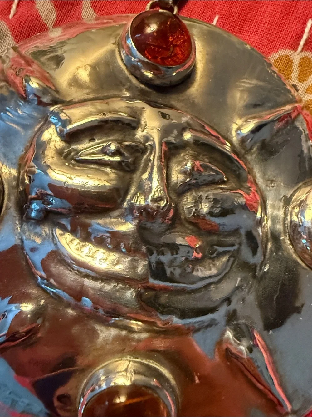OOAK Sun Face Sterling Pendant with Amber Stones